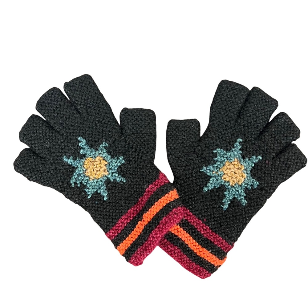 Little Journeys Chicago Alpaca Fingerless Gloves Sunburst Knit Black Handmade